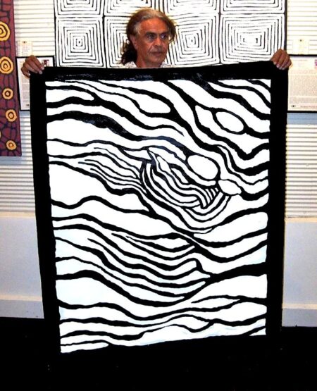 Australian Aboriginal artist Malcolm Jagamarra with artwork No.7808