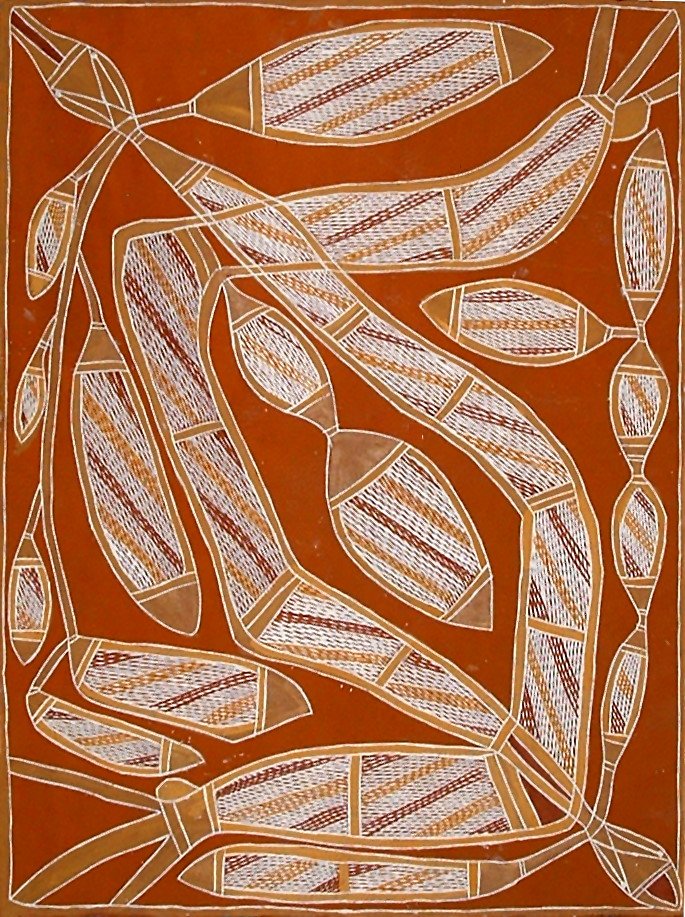 Australian Aboriginal artist England Bangala with artwork No.6879
