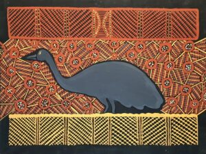 Australian Aboriginal artist Mario Munkara with artwork No.7608