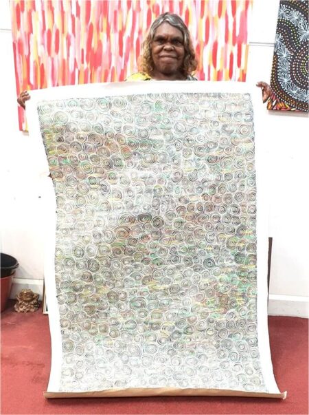 Australian Aboriginal artist Lucky Morton with artwork No.16001
