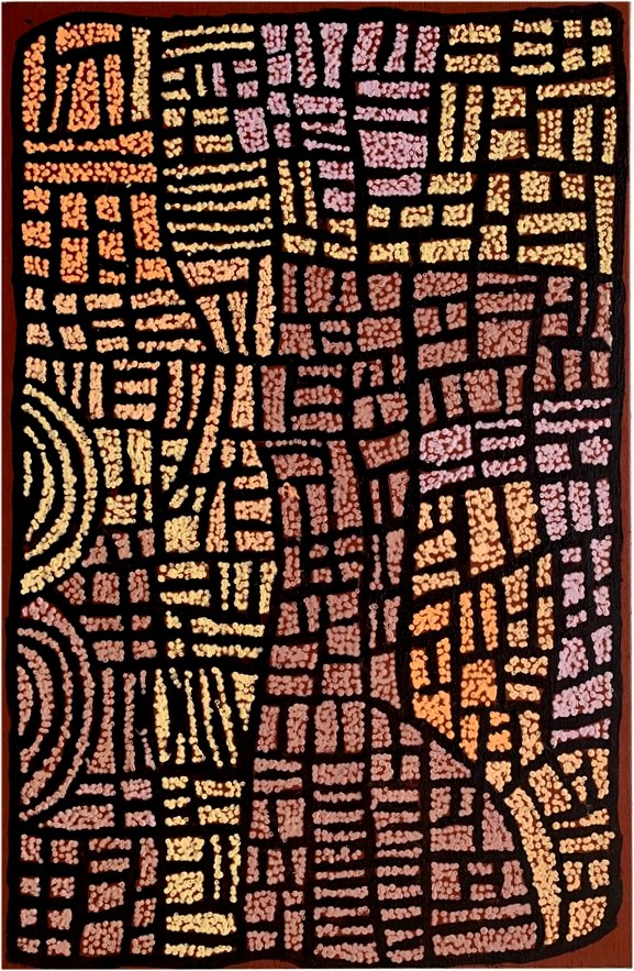 Australian Aboriginal artist Naata Nungurrayi with artwork No.9001