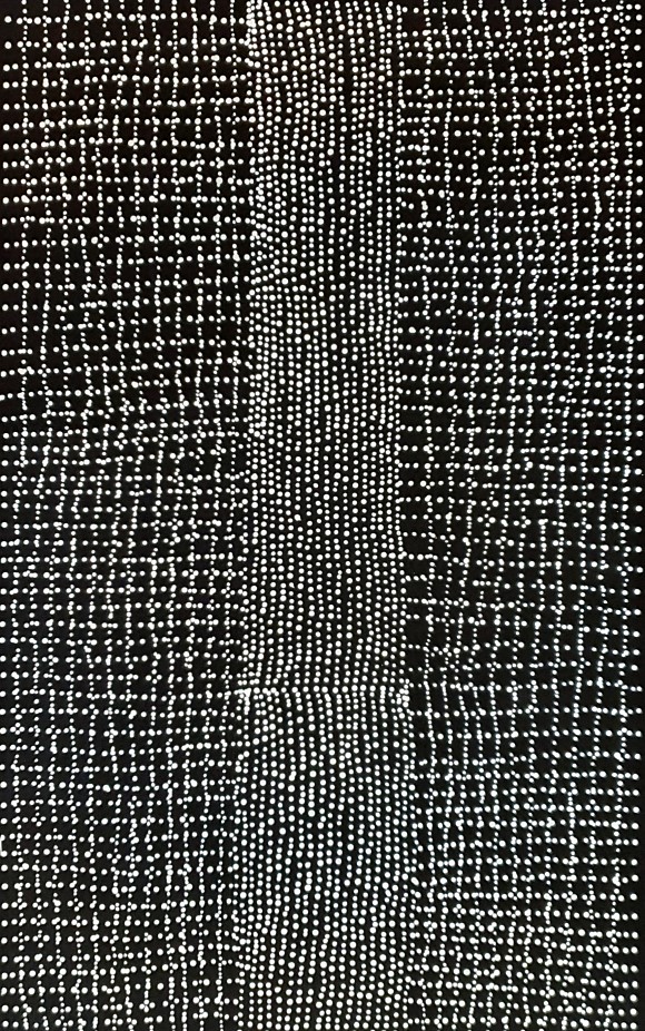 Australian Aboriginal artist Angela Robertson with artwork No.17100